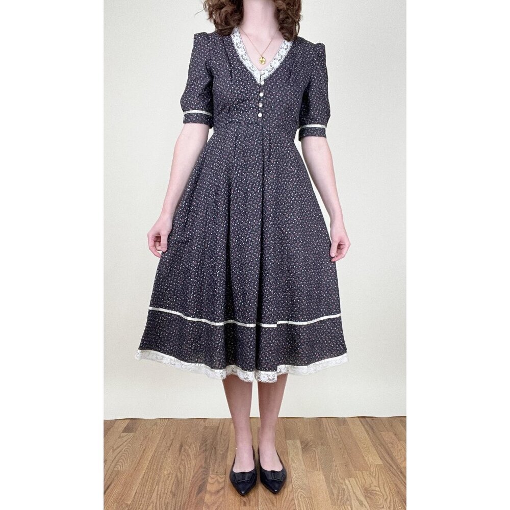 Vintage 70s Puff Sleeve Midi Dress Cottagecore Prairie Floral Print Lace Western - Picture 4 of 7